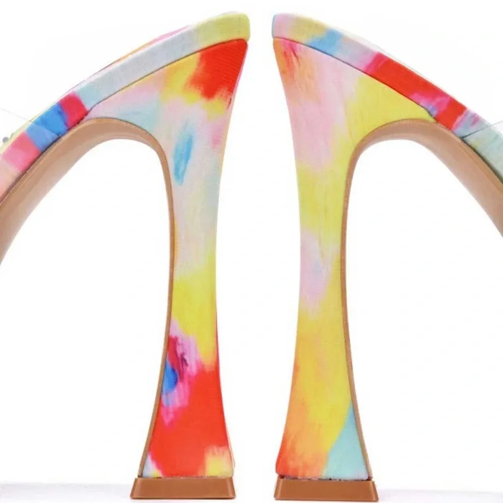 Cape Robbin Rika Rainbow Platform Mule Heels Rhinestone Clear Strap 6 NWT